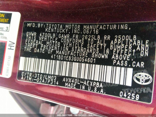 Toyota Avalon Hybrid Xle Premium/limited 2016 4T1BD1EB3GU054601 Image 9