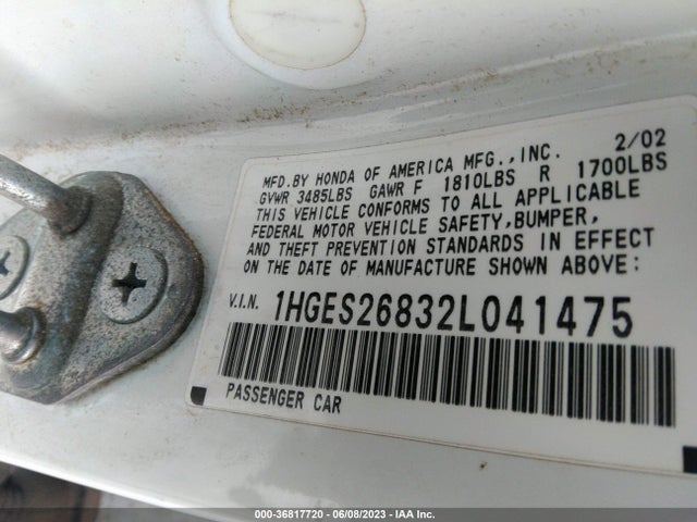 2002 HONDA CIVIC VIN: 1HGES26832L041475
