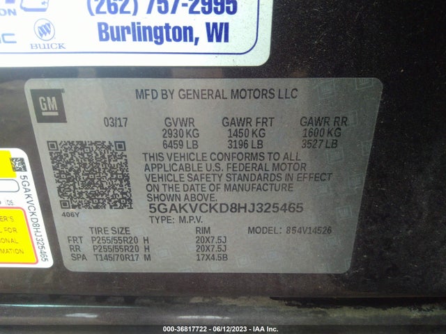2017 BUICK ENCLAVE PREMIUM VIN: 5GAKVCKD8HJ325465