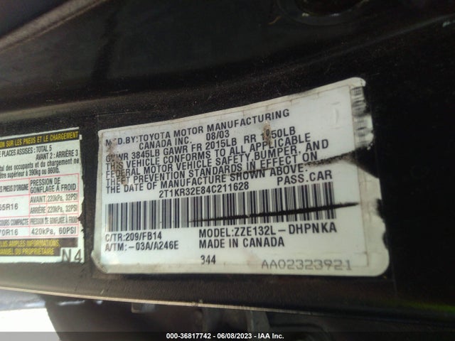2004 TOYOTA MATRIX STD/XR VIN: 2T1KR32E84C211628
