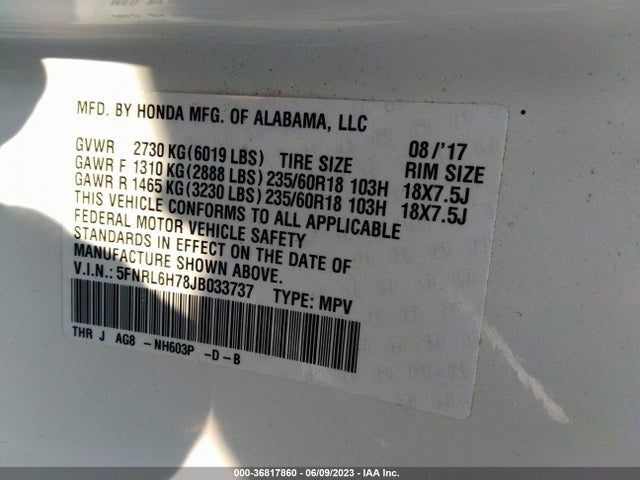 2018 HONDA ODYSSEY EX-L VIN: 5FNRL6H78JB033737