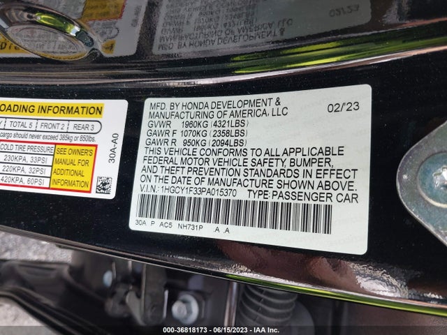 2023 HONDA ACCORD SEDAN EX VIN: 1HGCY1F33PA015370