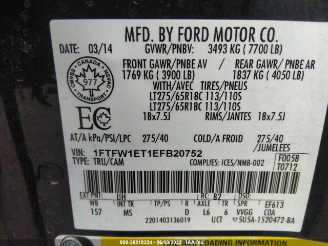 2014 FORD F-150 XL/XLT/FX4/LARIAT VIN: 1FTFW1ET1EFB20752