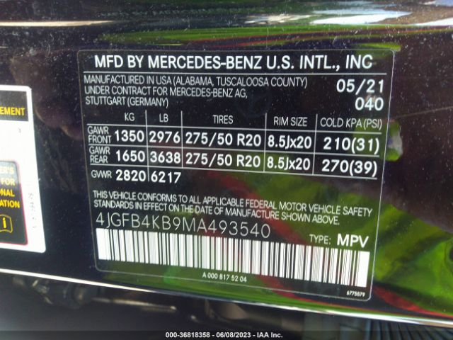 4JGFB4KB9MA493540 Mercedes-Benz GLE 350