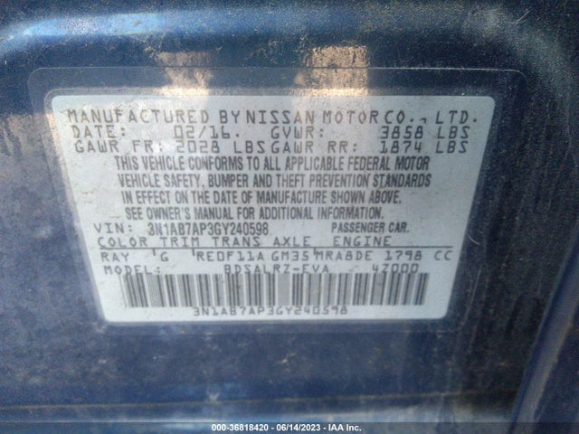 2016 NISSAN SENTRA SR VIN: 3N1AB7AP3GY240598