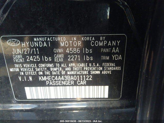 2011 HYUNDAI SONATA HYBRID VIN: KMHEC4A43BA011122