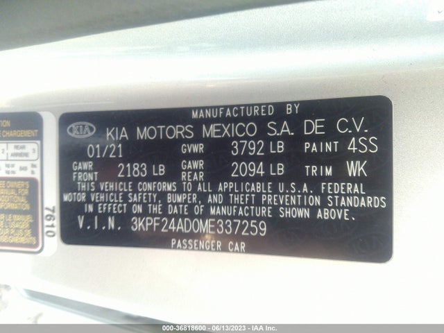 2021 KIA FORTE LXS VIN: 3KPF24AD0ME337259