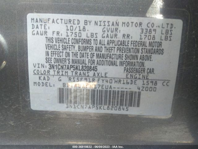 3N1CN7AP5KL820845 Nissan Versa Sedan S