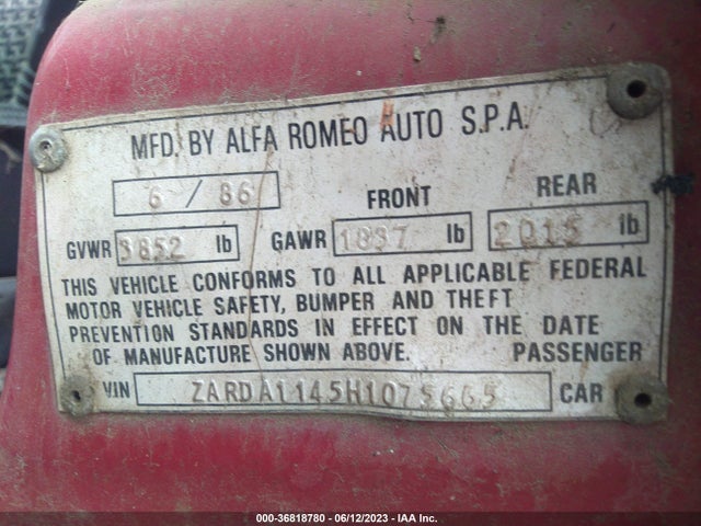 1987 ALFA ROMEO MILANO SILVER VIN: ZARDA1145H1075665