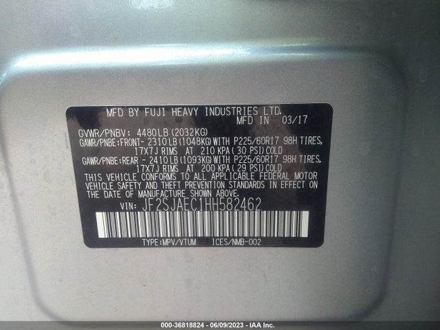 2017 SUBARU FORESTER PREMIUM VIN: JF2SJAEC1HH582462