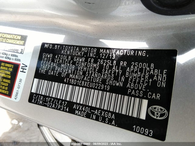 2014 TOYOTA AVALON HYBRID LIMITED/XLE TOURING VIN: 4T1BD1EBXEU022919
