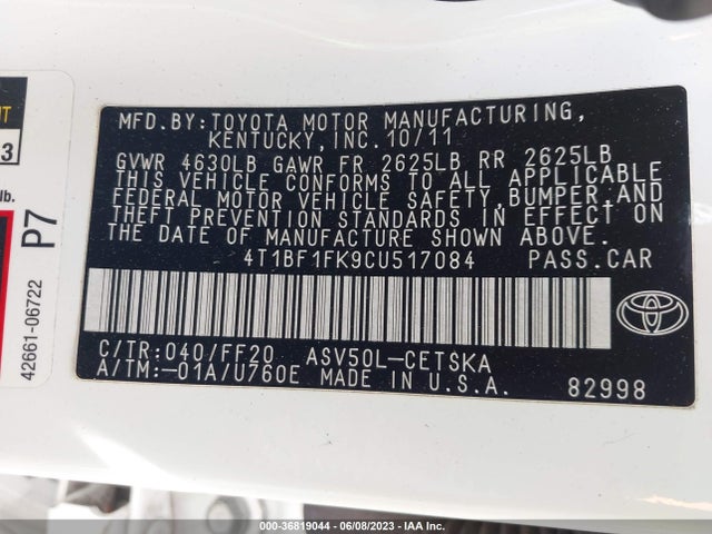 2012 TOYOTA CAMRY SE VIN: 4T1BF1FK9CU517084