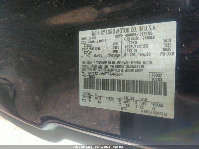 2000 FORD RANGER XL/XLT VIN: 1FTYR14V6YTA46267