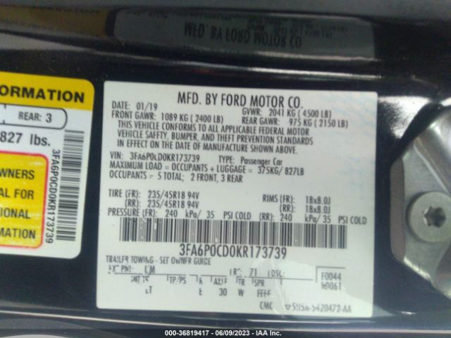 3FA6P0CD0KR173739 Ford FUSION SEL