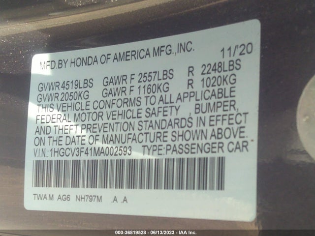 2021 HONDA ACCORD HYBRID EX VIN: 1HGCV3F41MA002593