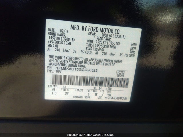 2016 FORD EXPLORER SPORT VIN: 1FM5K8GT5GGC20522