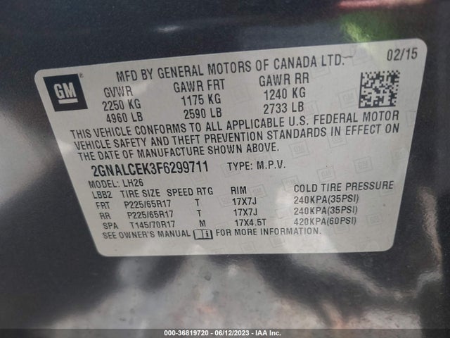 Chevrolet EQUINOX LT 2015 2GNALCEK3F6299711 Image 9