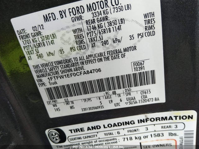 2012 FORD F-150 XL/XLT/FX4/LARIAT VIN: 1FTFW1EF0CFA84706