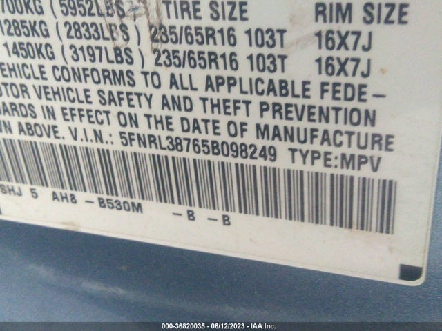 2005 HONDA ODYSSEY EX-L VIN: 5FNRL38765B098249