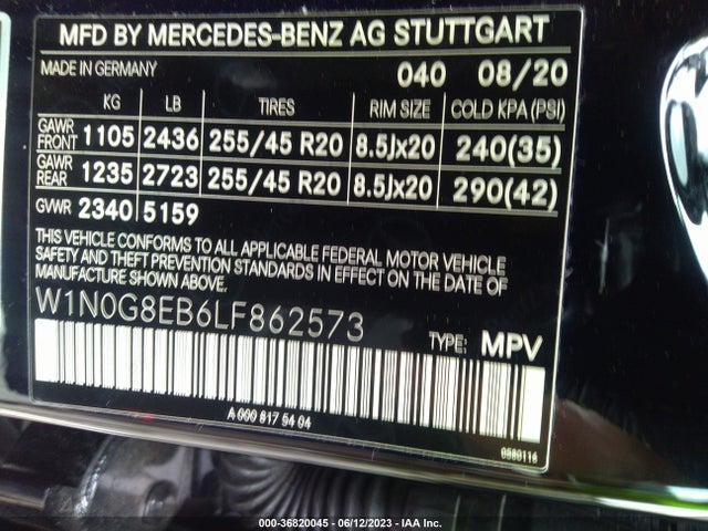 2020 MERCEDES-BENZ GLC GLC 300 VIN: W1N0G8EB6LF862573