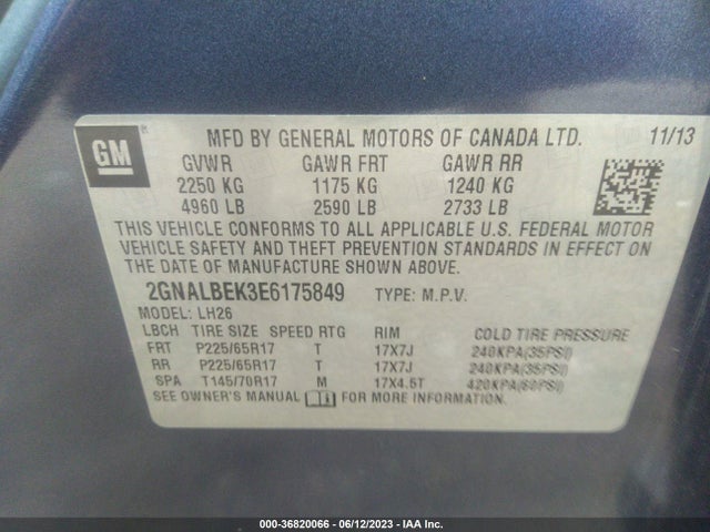2014 CHEVROLET EQUINOX LT VIN: 2GNALBEK3E6175849