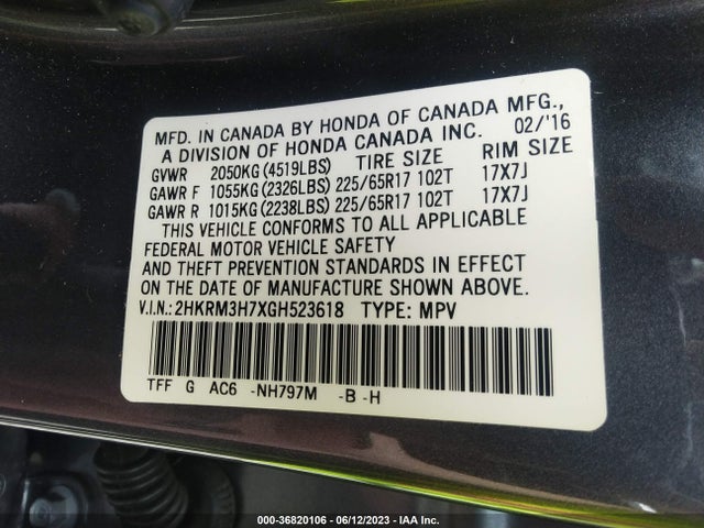 Honda Cr-v Ex-l 2016 2HKRM3H7XGH523618 Image 9
