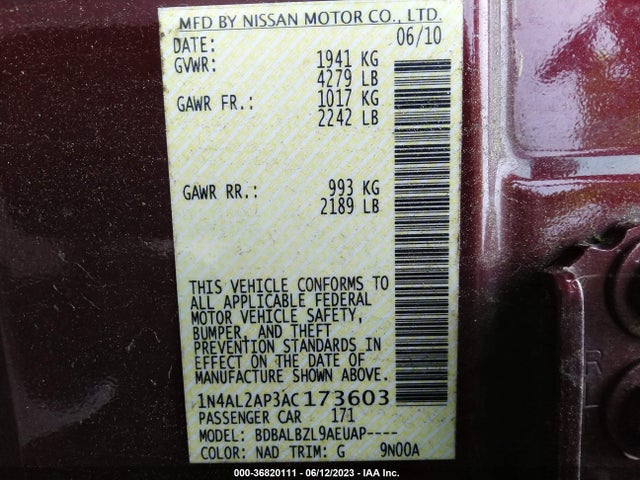 2010 NISSAN ALTIMA 2.5 S VIN: 1N4AL2AP3AC173603