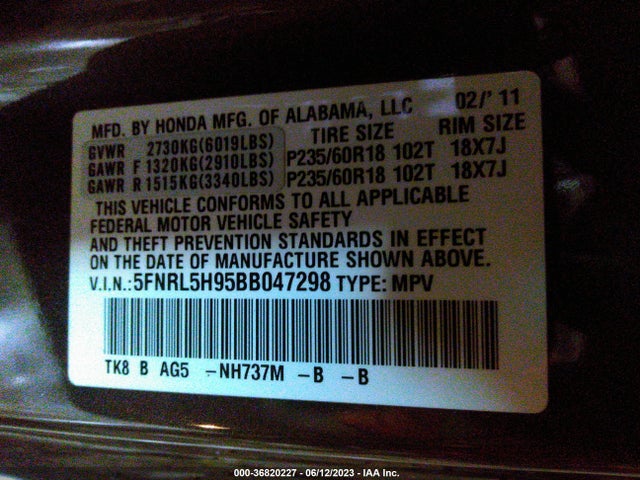 2011 HONDA ODYSSEY TOURING VIN: 5FNRL5H95BB047298