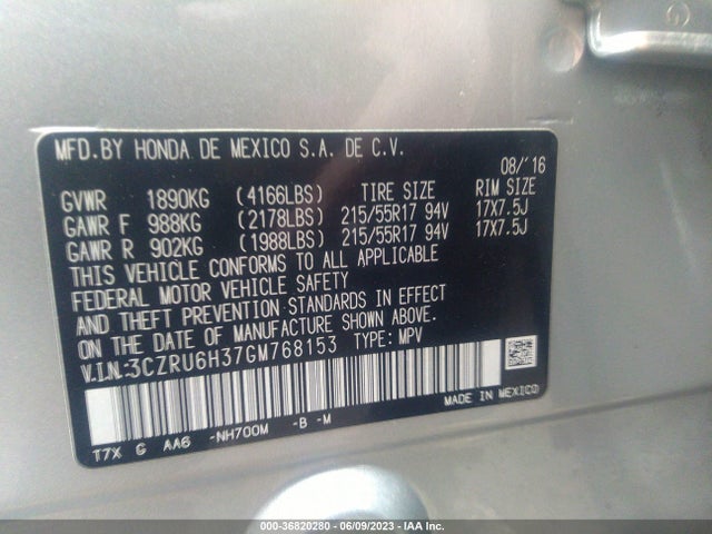 Honda HR-V LX 2016 3CZRU6H37GM768153 Image 16