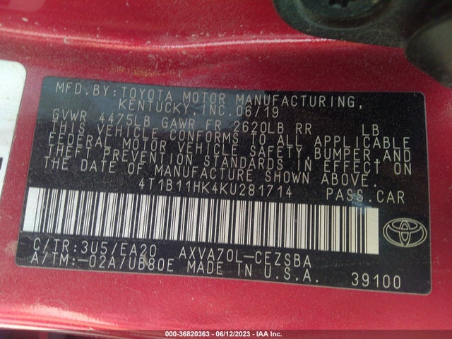 4T1B11HK4KU281714 Toyota CAMRY SE