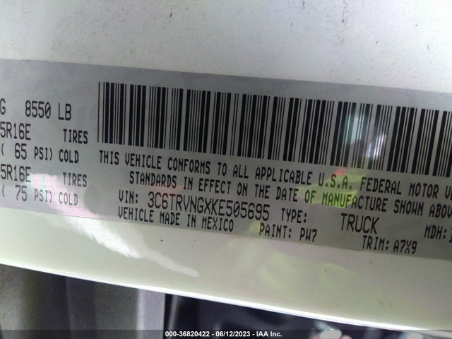 3C6TRVNGXKE505695 RAM Promaster Cargo Van