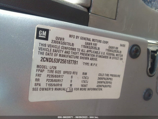 2005 CHEVROLET EQUINOX LT VIN: 2CNDL63F256187781