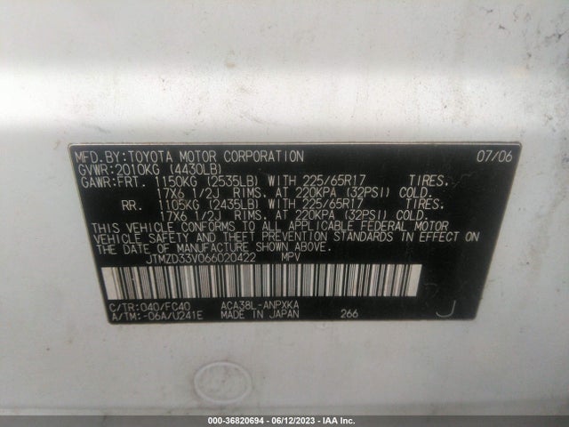 2006 TOYOTA RAV4 BASE VIN: JTMZD33V066020422