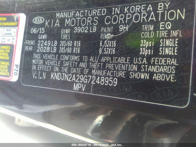 2016 KIA SOUL VIN: KNDJN2A29G7248959