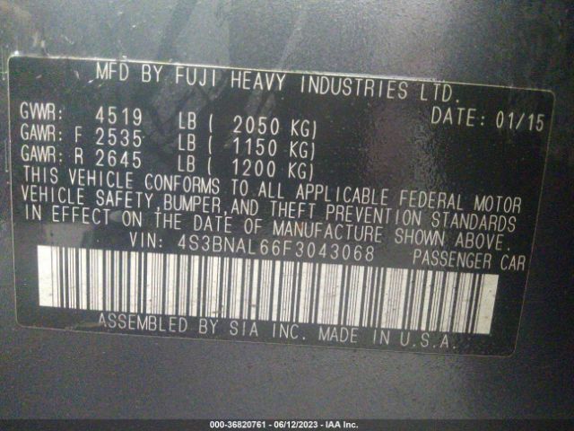 4S3BNAL66F3043068 Subaru Legacy 2.5i Limited