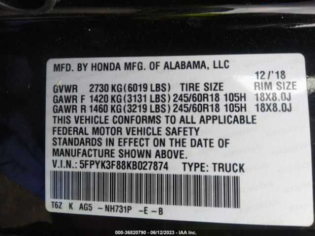 5FPYK3F88KB027874 Honda Ridgeline Black Edition
