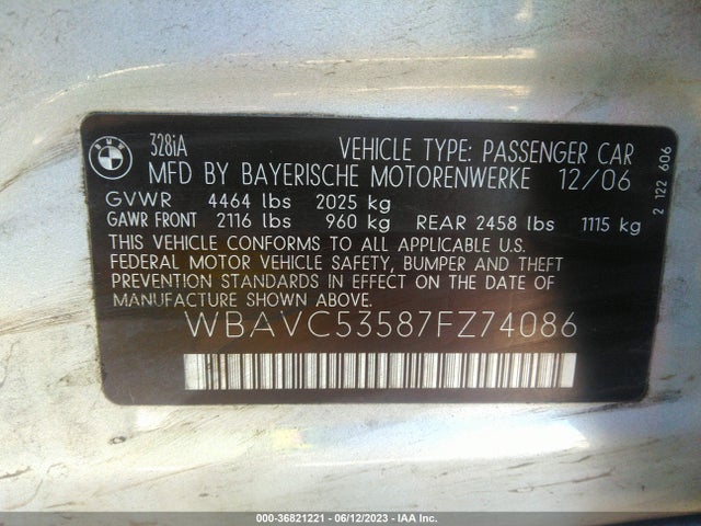 2007 BMW 3 SERIES 328I VIN: WBAVC53587FZ74086