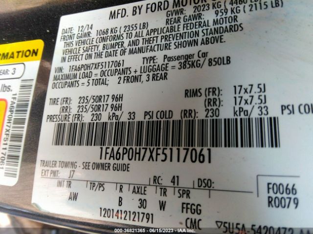 1FA6P0H7XF5117061 Ford FUSION SE