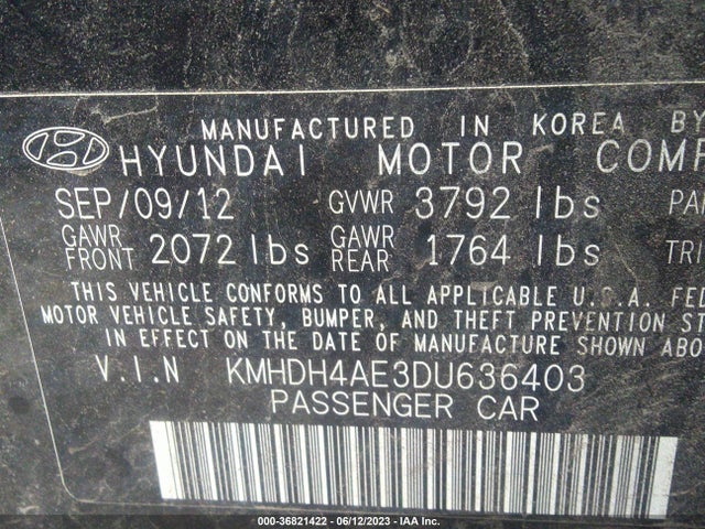2013 HYUNDAI ELANTRA LIMITED PZEV VIN: KMHDH4AE3DU636403
