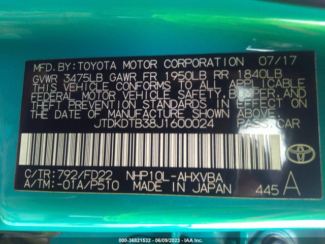 Toyota Prius C One/two/three/four 2018 JTDKDTB38J1600024 Image 10