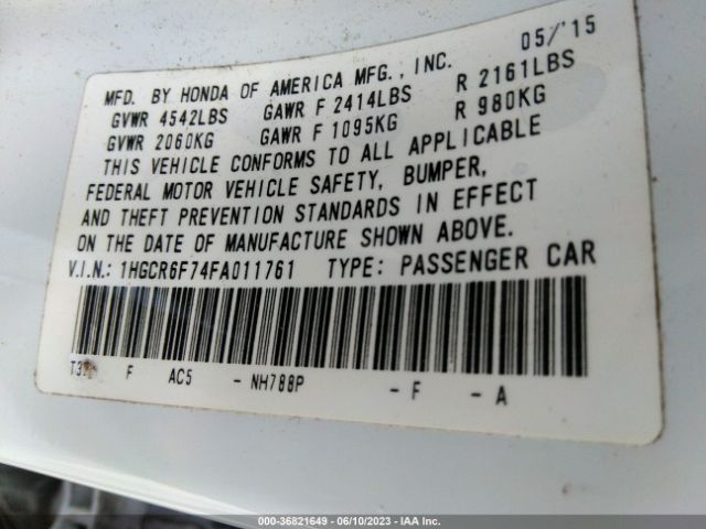 1HGCR6F74FA011761 Honda Accord Hybrid Touring