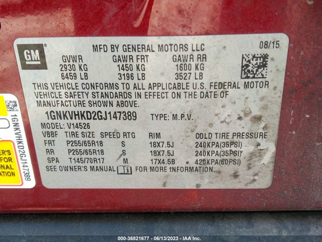 Chevrolet Traverse Lt 2016 1GNKVHKD2GJ147389 Image 16