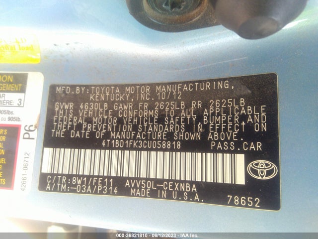 2012 TOYOTA CAMRY HYBRID XLE/LE VIN: 4T1BD1FK3CU058818
