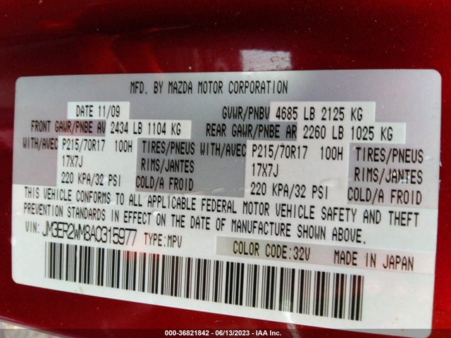 2010 MAZDA CX-7 SV VIN: JM3ER2WM8A0315977