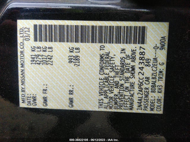 2012 NISSAN ALTIMA 2.5 S VIN: 1N4AL2AP6CC243887