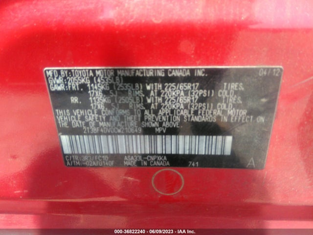 2012 TOYOTA RAV4 VIN: 2T3BF4DV0CW210649