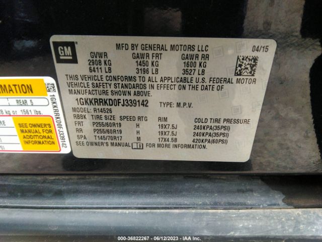 1GKKRRKD0FJ339142 GMC ACADIA SLT