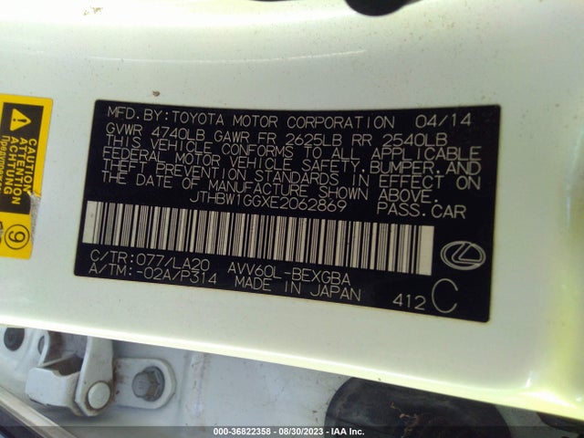 JTHBW1GGXE2062869 Lexus Es 300h Hybrid