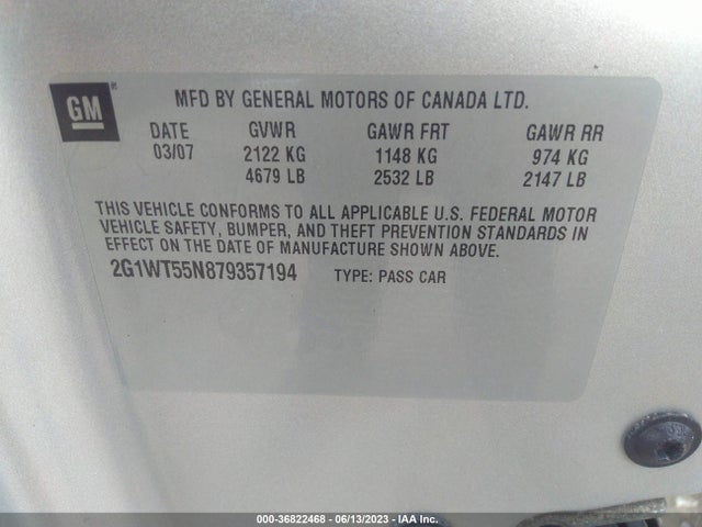 2007 CHEVROLET IMPALA 3.5L LT VIN: 2G1WT55N879357194