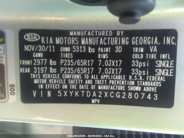 2012 KIA SORENTO LX VIN: 5XYKTDA2XCG280743